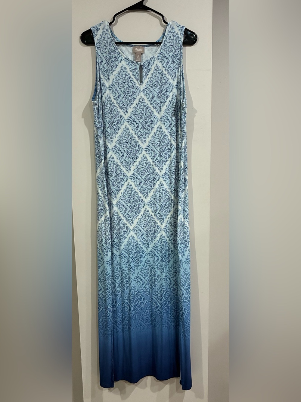Chico’s Blue Ombre Sleeveless Maxi Diamond Print Dress